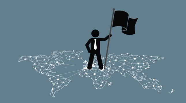 Business leader holding flag standing over digital world map global communication network vector illustration graphic design