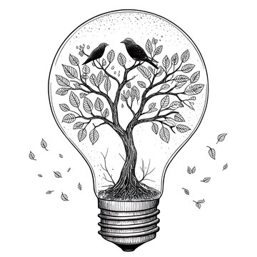 Two birds sitting on a tree inside a light bulb illustration