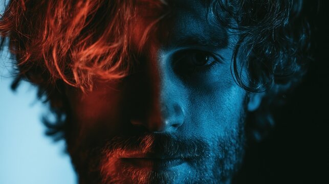 Close up of mans face split by dramatic red and blue neon light