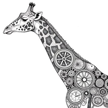 Steampunk style mechanical giraffe illustration