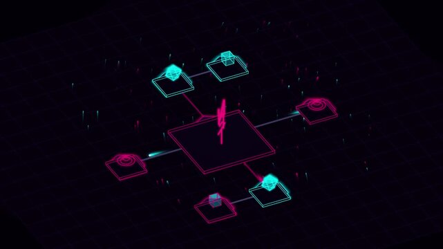 Digital network data transfer animation, cyber security tech background, neon isometric server connection flow