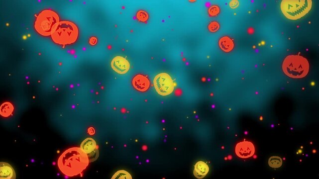 青と黒の空間に輝くジャックオーランタンと光粒子がゆっくり浮かび上がるハロウィンのシームレスループ動画素材/ Halloween background loop with slowly rising glowing Jack-o'-lanterns and particles on blue