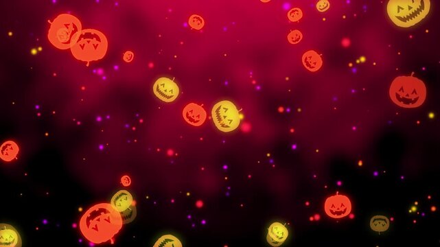 赤と黒の空間に輝くジャックオーランタンと光粒子がゆっくり浮かび上がるハロウィンのシームレスループ動画素材/ Halloween background loop with slowly rising glowing Jack-o'-lanterns and particles on red