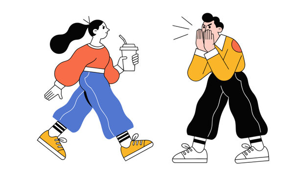 Gossiping man whispers secret to unaware woman drinking coffee, modern flat illustration, communication concept