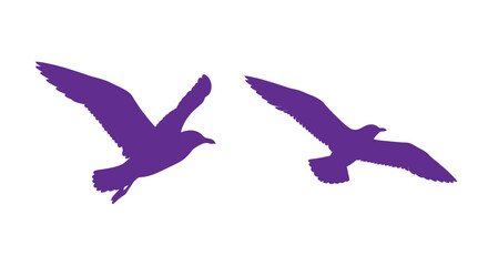 Obraz premium Purple seagull silhouettes in flight against a white background