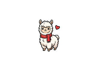 Fototapeta premium Cute Baby Alpaca Wearing A Red Scarf With Heart On White Vector Illustration