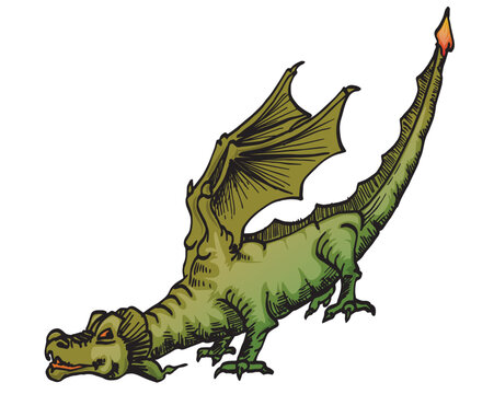Mythical Green Dragon Character Standing Hand Drawn Vector Illustration, isolated on white