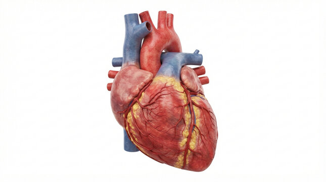 Realistic 3D render of a human heart displaying detailed anatomy including aorta pulmonary arteries and veins isolated on a plain white background.