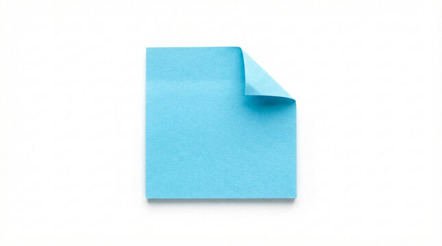 Blank light blue square sticky note paper with a curled corner, isolated on a clean white background for office reminder and message mockups.