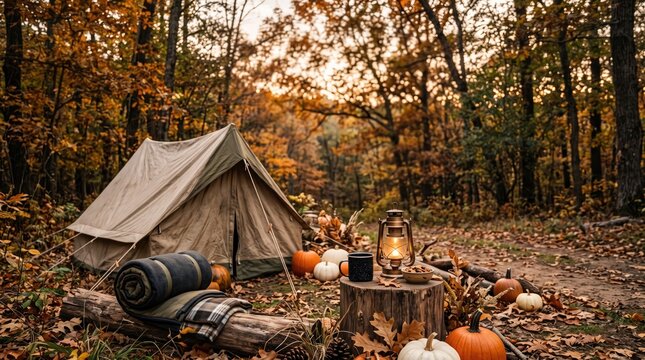 Autumn camping setup with tent, pumpkins, and a glowing lantern in the forest, Halloween concept, copy space