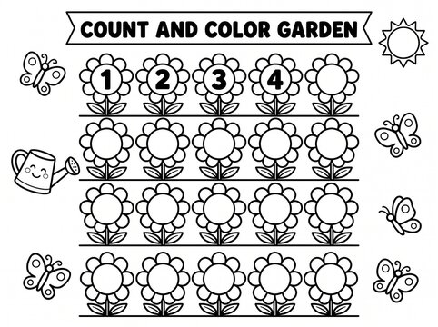 Black and white missing number counting math worksheet with garden flowers for preschool kids, educational coloring page