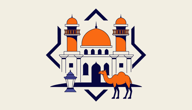 Islamic architecture illustration with camel and mosque