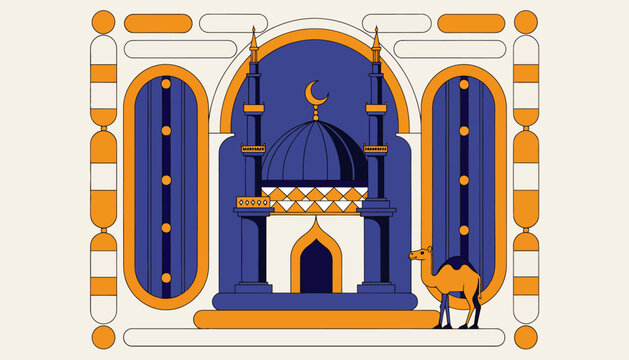 Islamic architecture illustration with mosque and camel