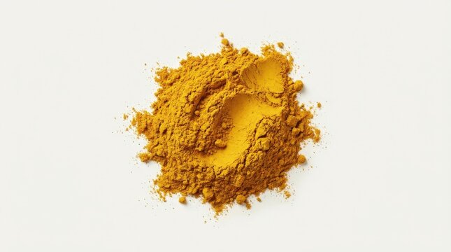 A vibrant heap of organic ground turmeric powder isolated on a clean white surface highlighting its rich yellow spice seasoning texture