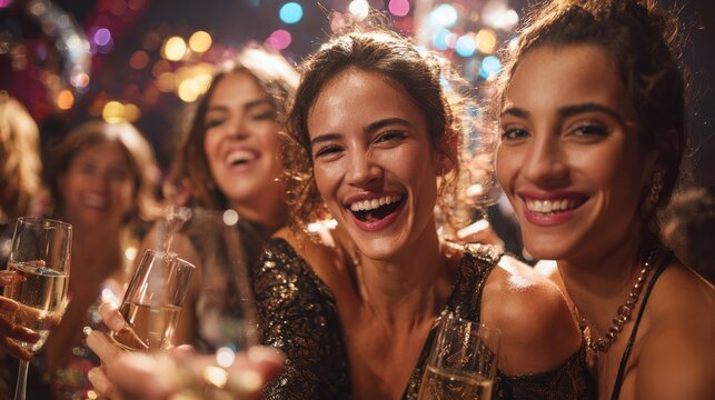 Smile, women and dance with champagne at nightclub for birthday celebration, social reunion or luxury party. Excited, friends and wine glass for new years, festival congratulations and happy hour fun