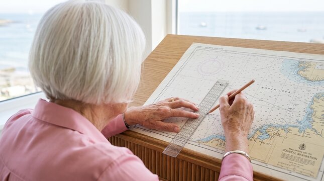 Senior woman plotting route on nautical chart by window
