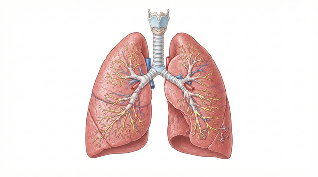 Detailed anatomical illustration of human lungs with bronchial tree and trachea, isolated on white background for medical education and research.