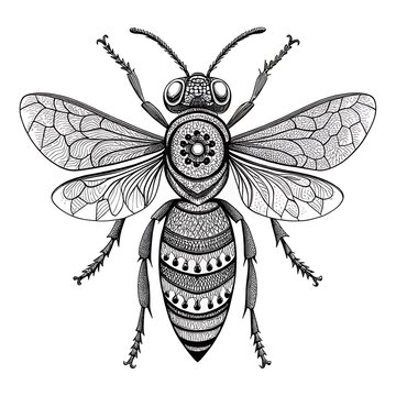 Black and white detailed bee illustration vector