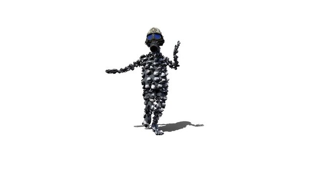 3D Weird Goofy Character in Hard Rock Suit and Gas Mask, Running Loop, Front View, against white background