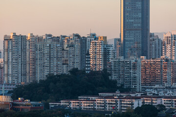 Wenzhou City Skyline at Sunset with Modern Skyscrapers and Xunshan Park © QuachVan
