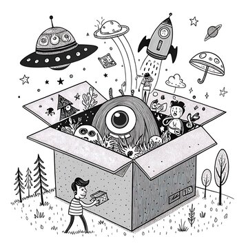 Curious child looking into magical fantasy box with flying objects