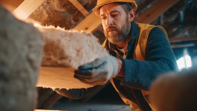 A worker installs insulation materials in an attic to improve energy efficiency and reduce heating costs during a home renovation