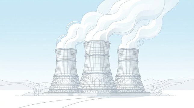 Nuclear power plant cooling towers with white smoke isolated on white background