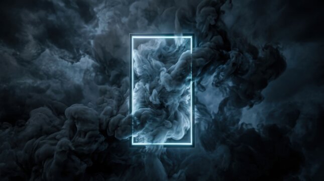 Abstract Dark Blue Smoke Swirling Inside A Glowing Neon Frame Digital Background For Modern Design Projects And Futuristic Technology Visuals