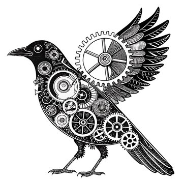 Steampunk crow with mechanical wings illustration