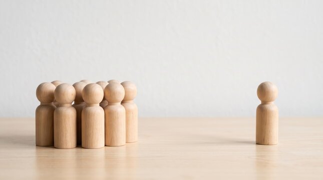Conceptual image of wooden human figures representing social isolation, one person standing apart from the group, exclusion, loneliness, bullying, outcast, individuality