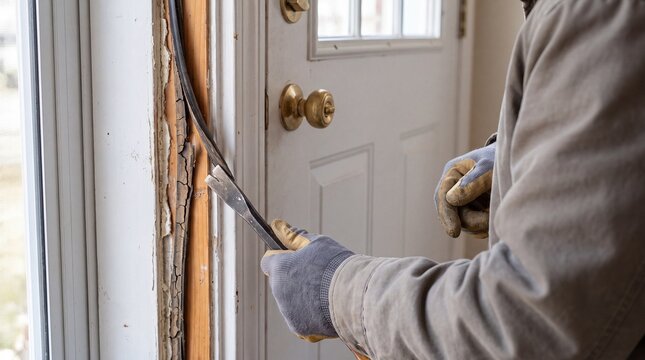 Skilled Worker Removing Wooden Door Casing With Metal Pry Bar During Home Renovation