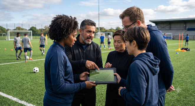 Diverse soccer coaches analyzing drone footage on tablet at turf field.