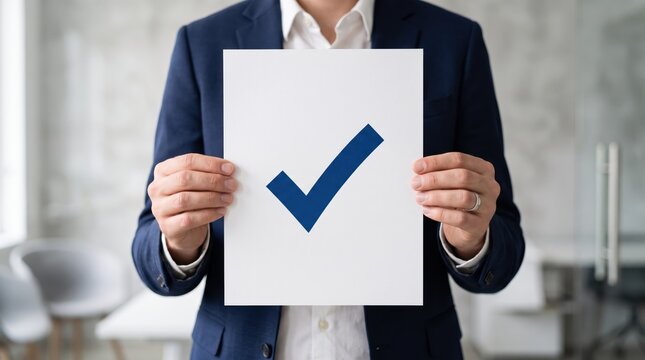 Professional businessman in navy blue suit holding white paper sheet with large blue check mark symbol, approval, verification process, quality control assurance, task completion