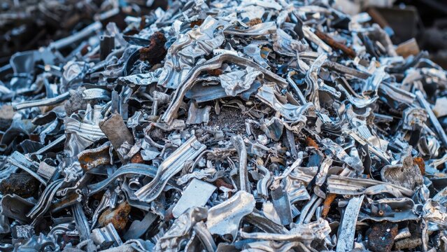 A large pile of shredded metal scrap sits in a recycling facility. Perfect for environmental sustainability and industrial waste management concepts.