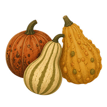 Vintage botanical pumpkins and gourds, autumn harvest vegetables on white, rustic decorative squash illustration for fall on transparent background