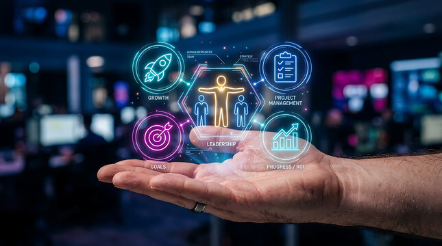Businessman holding a digital holographic interface representing human resource management and corporate business strategy development concepts