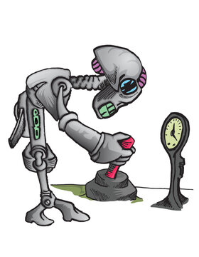 A surreal cartoon illustration depicting a futuristic alien robot interacting with meas. The mechanical creature, featuring an exposed brain and a large glass eye, is bent over pulling a large lever e
