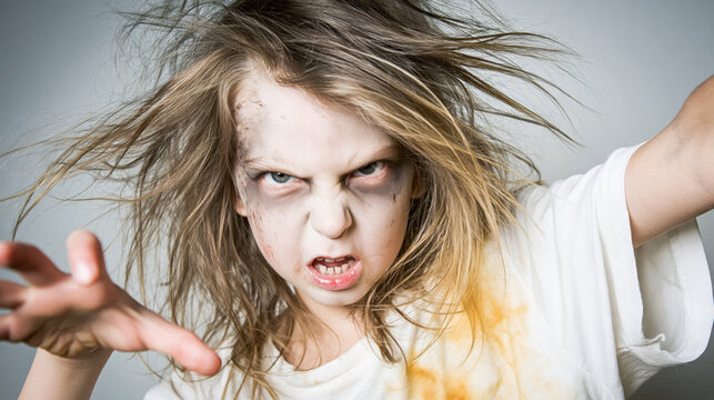 Child zombie portrait with messy hair and raised hands conveys frightening anger and eerie horror emotion in dramatic studio light