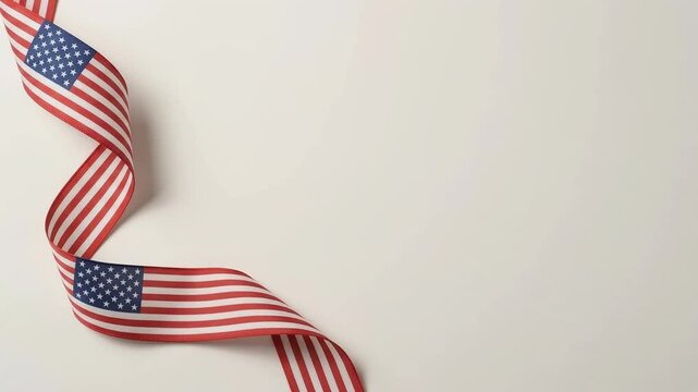 American flag ribbon waving gently against clean cream background creating elegant border frame for design.