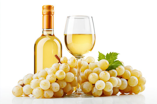 Luxurious white wine bottle, glass, and grapes isolated on white