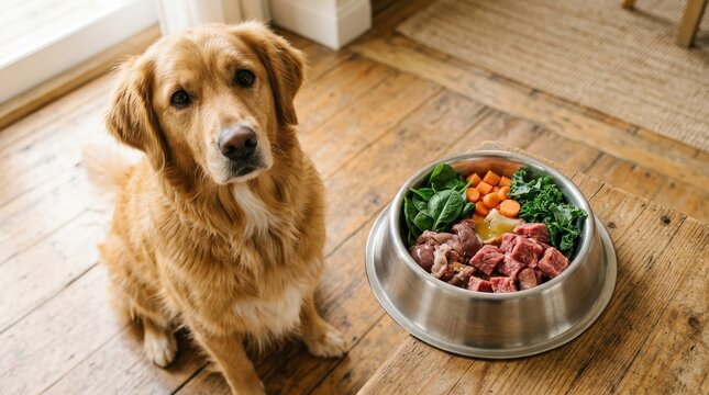 Adorable golden retriever dog waiting patiently on wooden floor beside a large metal bowl filled with fresh raw meat and organic vegetables