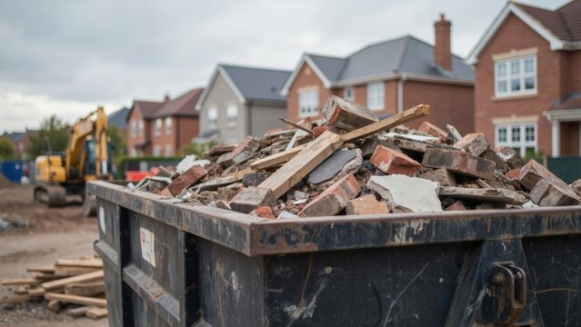 A large dumpster filled with bricks and construction debris at a residential building site. Concept for waste removal, renovation project, or urban development.