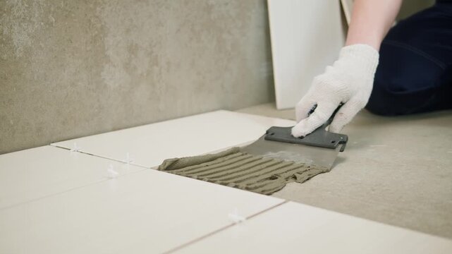A person applies adhesive to a tile surface using a notched trowel in a modern setting.