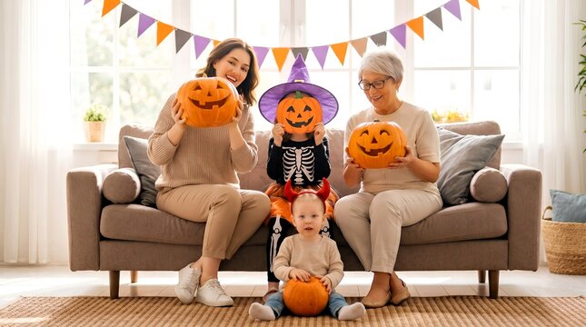 Happy multi-generational family wearing festive halloween costumes while holding carved orange pumpkins and sitting together on a soft gray sofa