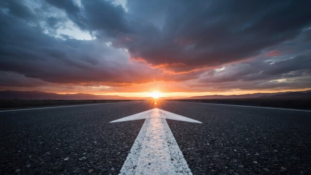 A white arrow painted on an asphalt road points toward a dramatic sunset. Concept for success, growth, and forward direction in business or personal development.