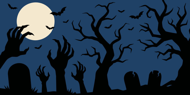 Spooky Halloween night background with scary zombie hands rising from graves, bare trees, and bats flying in front of a full moon