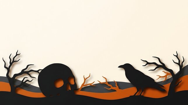Halloween paper cut art with black skull and crow on orange and black landscape for spooky decoration.