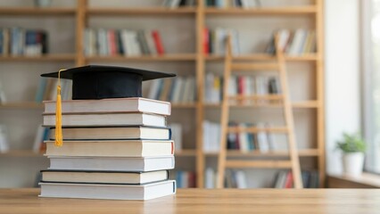 Fototapeta premium A graduation cap sits atop a stack of books in a library. This represents success, education, and academic achievement.
