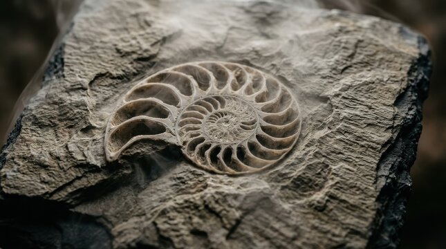 Ancient ammonite fossil embedded in prehistoric sedimentary rock featuring intricate spiral shell patterns for paleontology education and geological