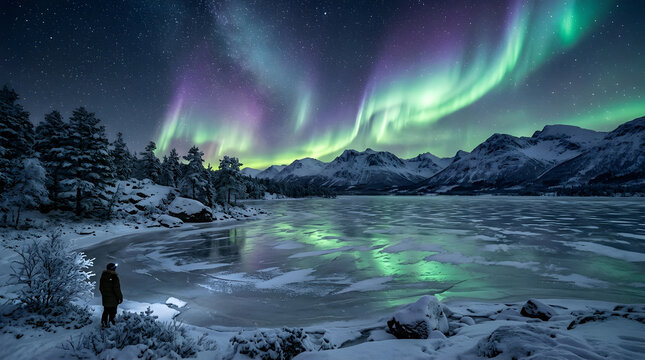 Person standing by a frozen lake under vibrant green and purple aurora borealis lights